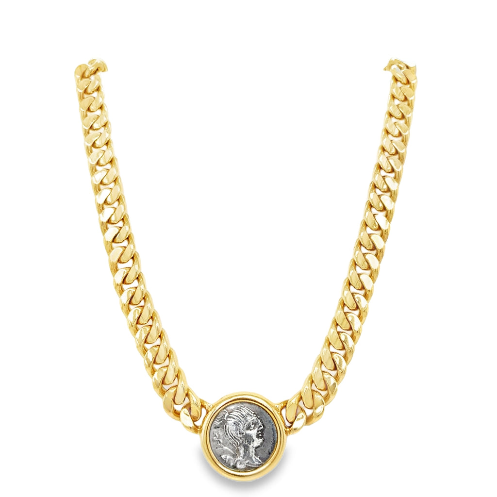 Bulgari 18K Gold “Monete” Necklace with Ancient Roman Silver Coin – Signed, Circa 1980