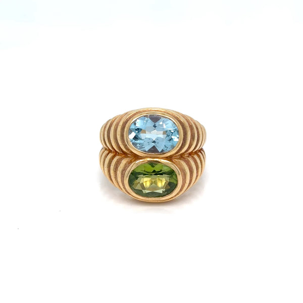 Bulgari Doppio Baccellato Ring in 18k Yellow Gold with Blue Topaz & Peridot, Circa 1980
