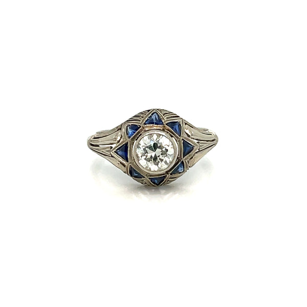 Art Deco 0.80 Carat Diamond Sapphire Filigree Ring