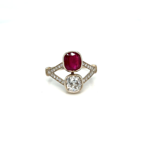 Victorian Certified Natural Unheated Ruby Diamond Vous et Moi Ring