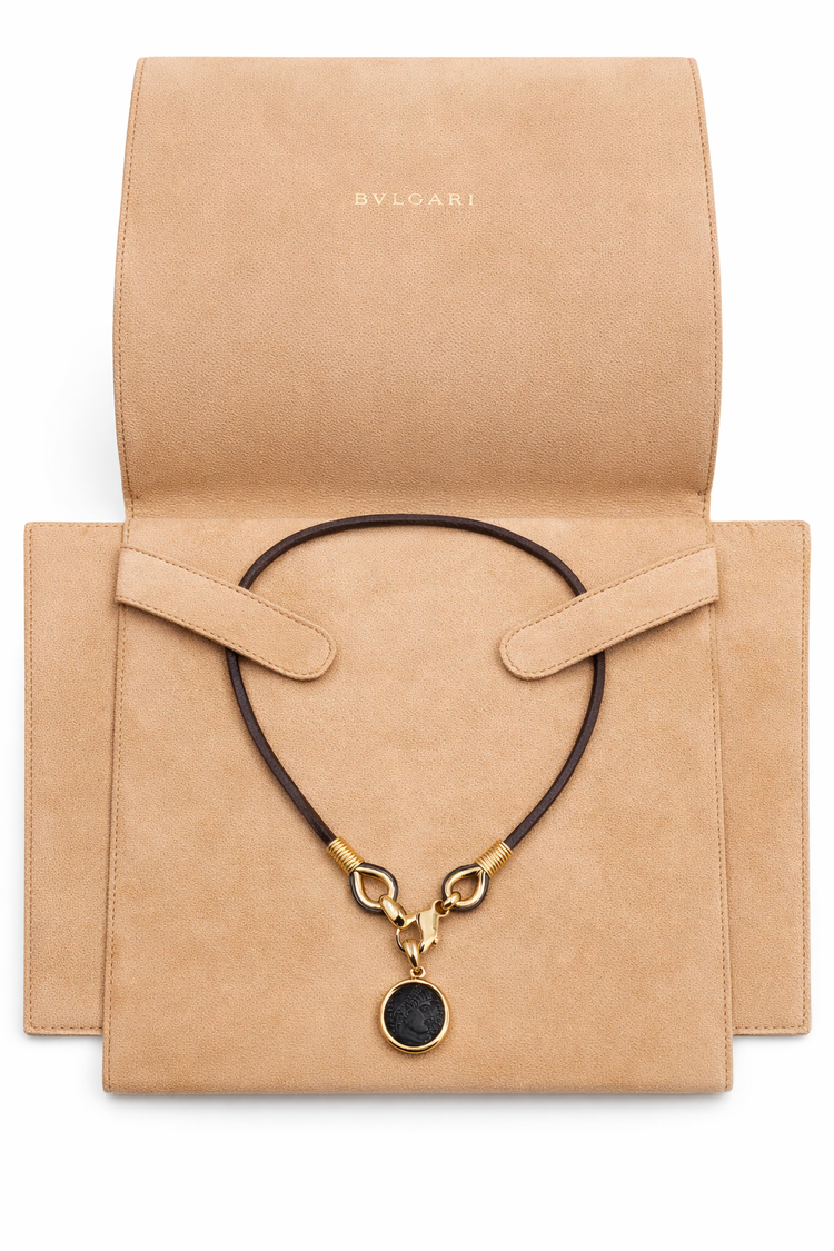 Bulgari Monete Imperial Roman Bronze Coin Leather & Yellow Gold Pendant Necklace