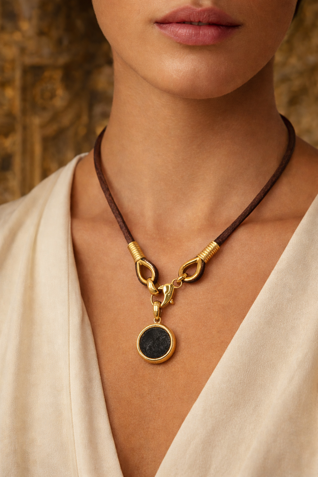 Bulgari Monete Imperial Roman Bronze Coin Leather & Yellow Gold Pendant Necklace