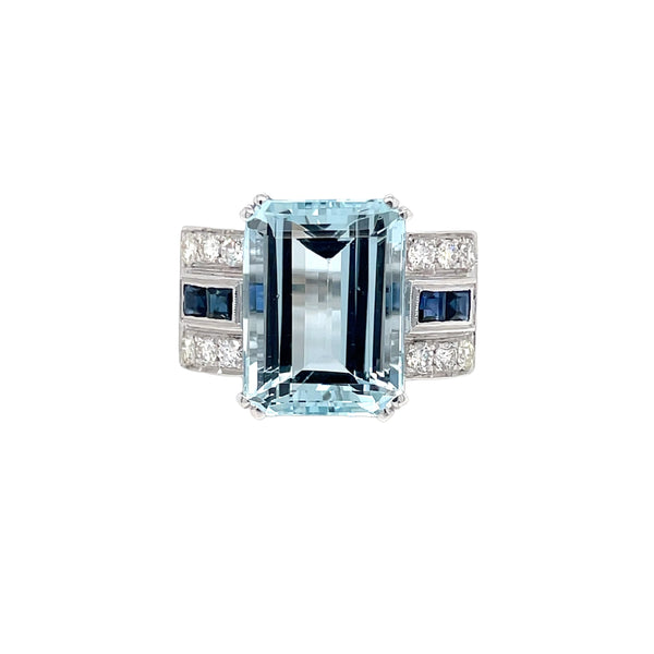 Art Deco 12 Carat Aquamarine Diamond Sapphire Gold Ring