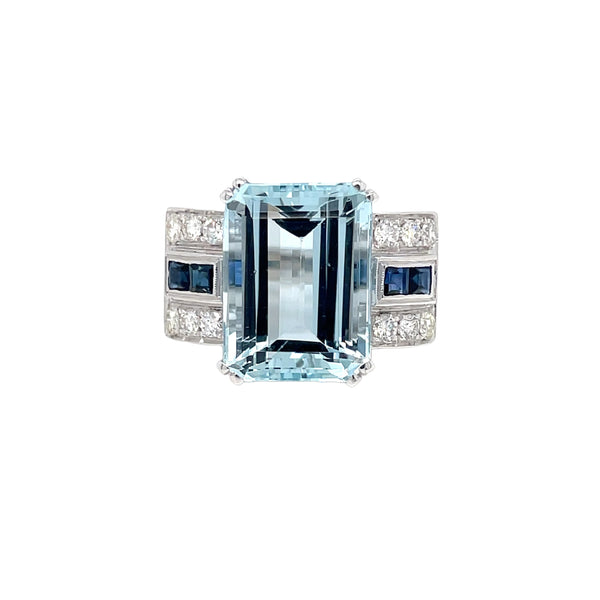 Art Deco 12 Carat Aquamarine Diamond Sapphire Gold Ring