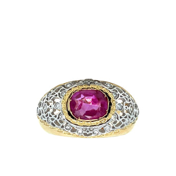 Vintage Cerified Burma Ruby No Heat Diamond Filigree Gold Ring