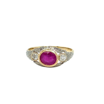Belle Epoque Certified Burma Ruby No Heat Diamond Engraved Gold Ring