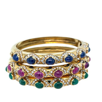 Arcese Rome Diamonds, Sapphire, Ruby, Emerald Gold Trio Of Bangle Bracelets