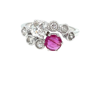 Victorian Certified Natural Unheated Ruby Diamond Vous et Moi Ring
