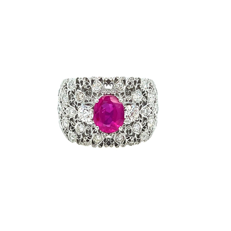 Vintage Certified No Heat Burma Ruby Diamond Engraved Gold Ring