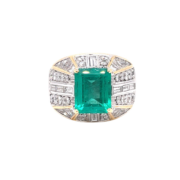 Retro Certified Colombian Emerald Diamond Cocktail Gold Ring