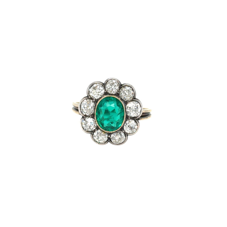 Belle Epoque Colombian Certified Emerald Diamond Gold/Silver Cluster Ring