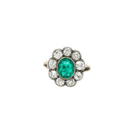 Late 19th century 2.00 Carat Emerald Diamond Gold/Silver Cluster Ring