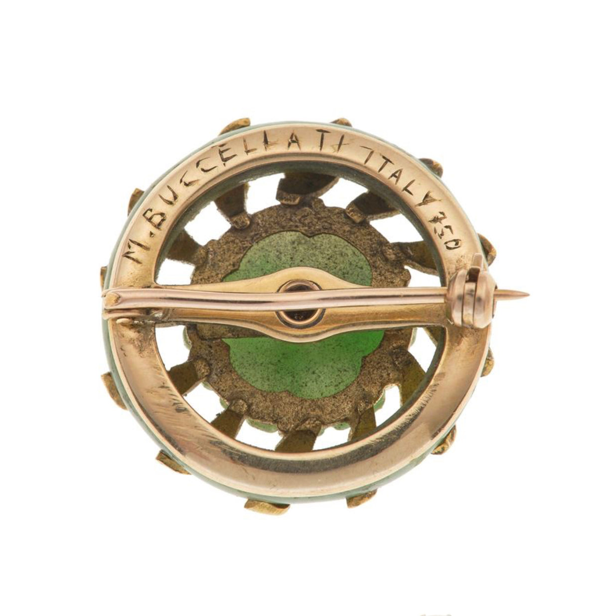 Vintage Mario Buccellati Gold and Jadeite Flower Brooch – Engraved Floral Design