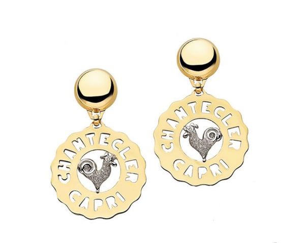 Vintage Chantecler Capri Rooster Logo Earrings in 18k Gold and Diamonds