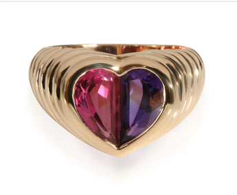 Bulgari Baccellato Pink Tourmaline & Amethyst Heart Gold Ring