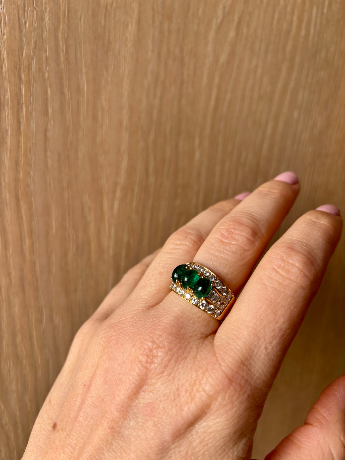 Bulgari Emerald Diamond Trombino Gold ring, CA. 1970s