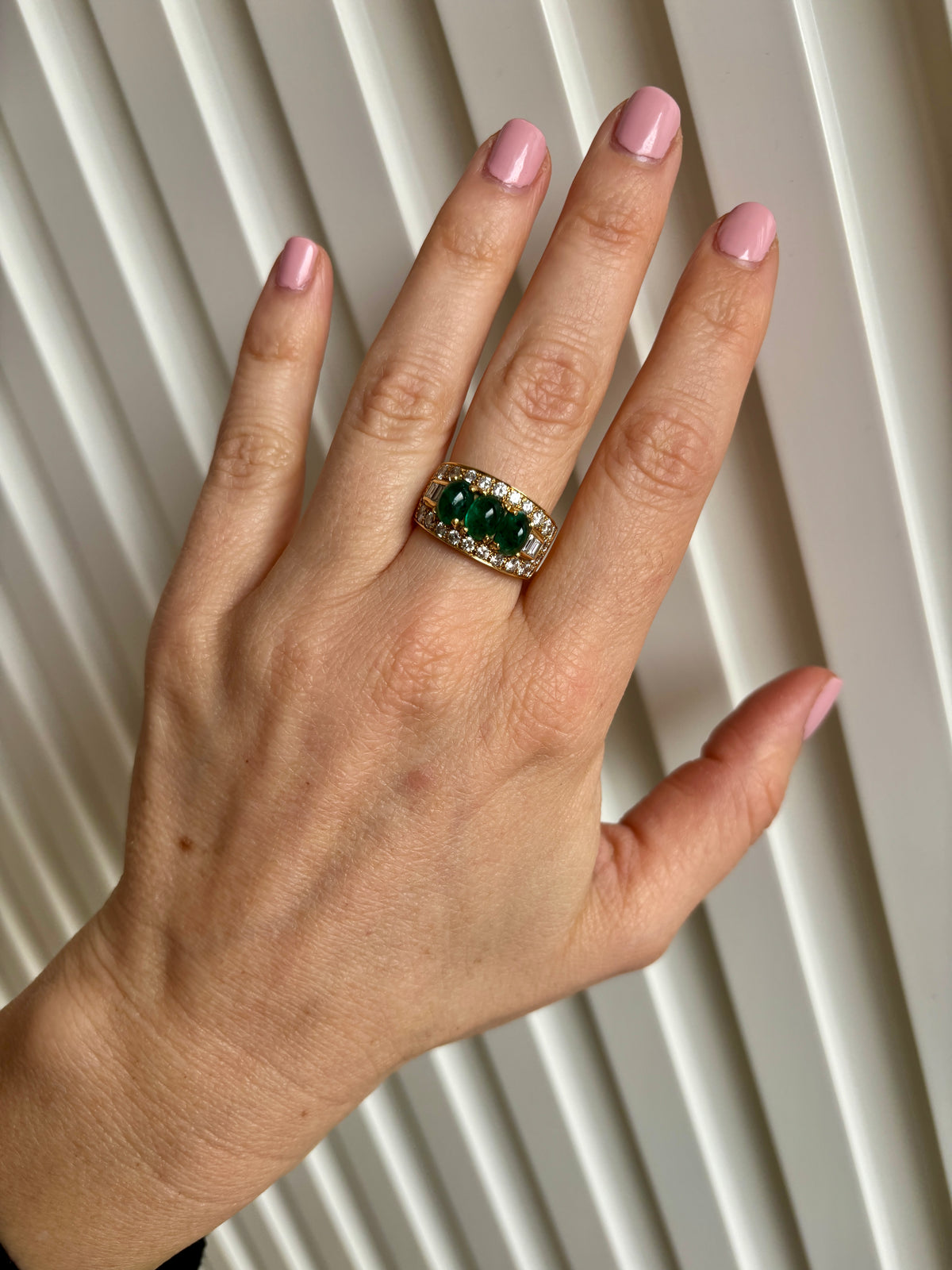 Bulgari Emerald Diamond Trombino Gold ring, CA. 1970s