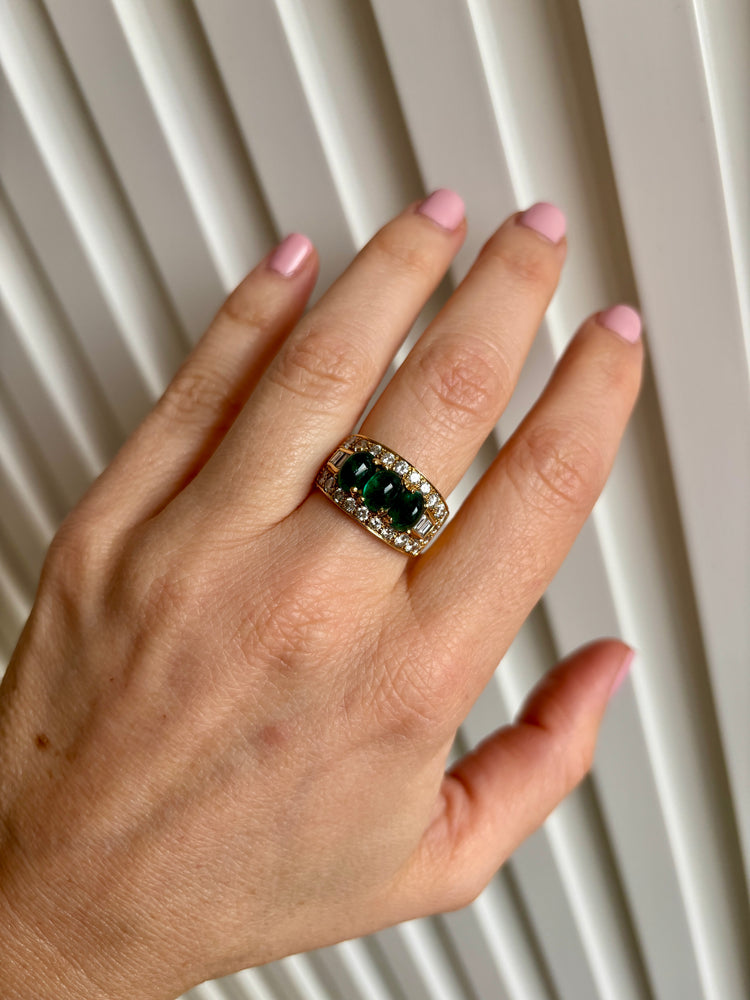 Bulgari Emerald Diamond Trombino Gold ring, CA. 1970s