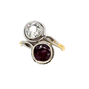 Antique Diamond Ruby Platinum Gold Vous et Moi Ring