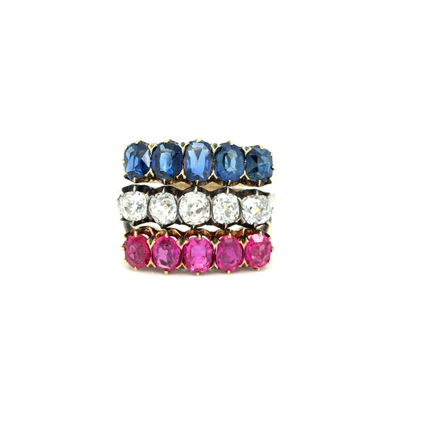 Belle Epoque three - row ruby, sapphire and diamond gold ring