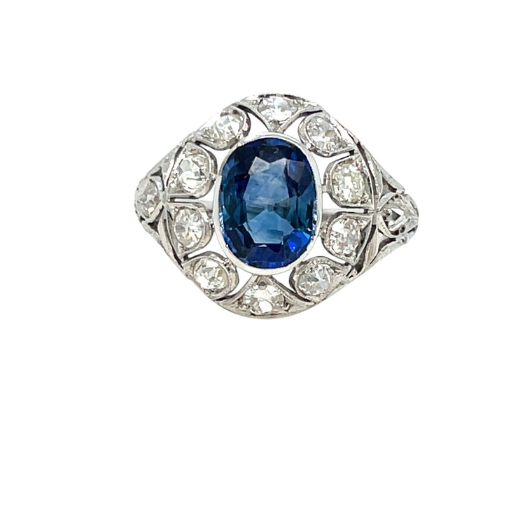 Belle Époque Certified 2.44 Carat Unheated Sapphire Diamond Gold Ring
