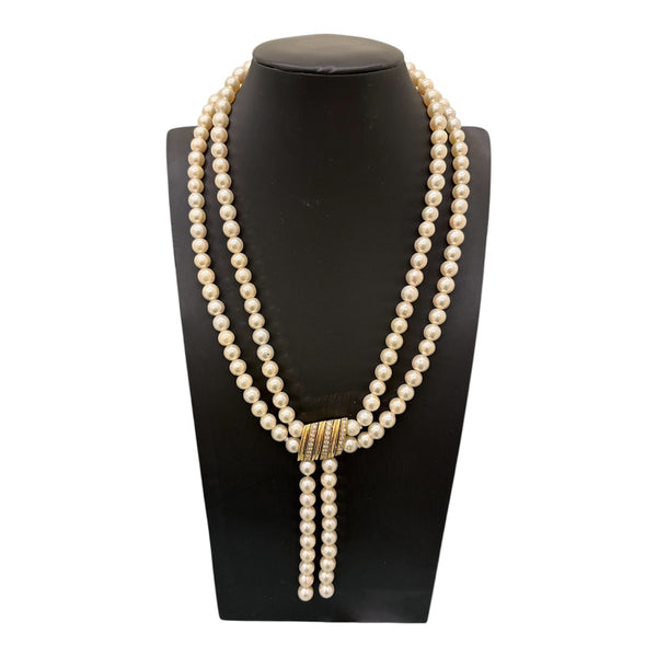 Vintage Pearl Two Strand Necklace Diamond Gold Clasp 