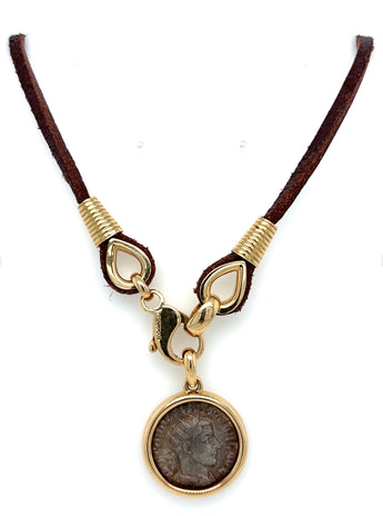 Bulgari Monete Imperial Roman Silver Coin Leather Yellow Gold Pendant Necklace