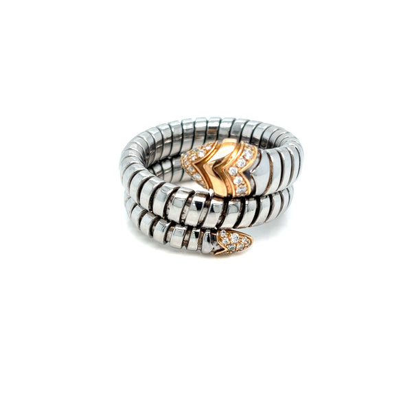 Bulgari Serpenti Tubogas Ring in Steel, Rose Gold and Diamonds