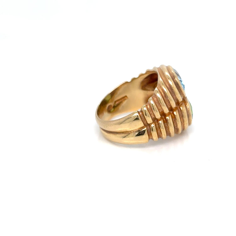 Bulgari Doppio Baccellato Ring in 18k Yellow Gold with Blue Topaz & Peridot, Circa 1980