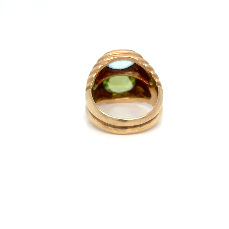 Bulgari Doppio Baccellato Ring in 18k Yellow Gold with Blue Topaz & Peridot, Circa 1980