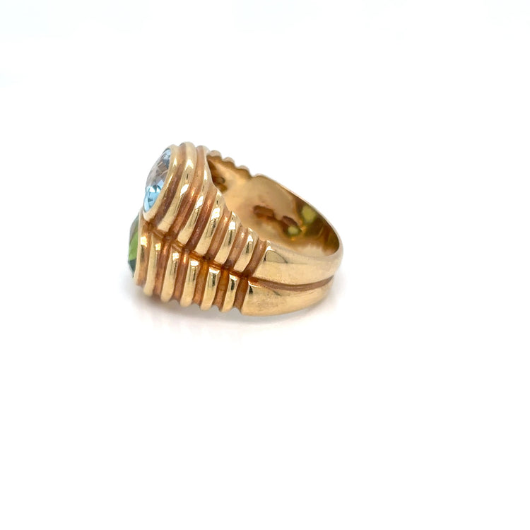 Bulgari Doppio Baccellato Ring in 18k Yellow Gold with Blue Topaz & Peridot, Circa 1980