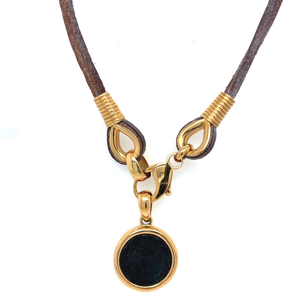 Bulgari Monete Imperial Roman Bronze Coin Leather & Yellow Gold Pendant Necklace