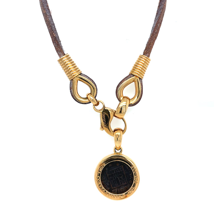Bulgari Monete Imperial Roman Bronze Coin Leather & Yellow Gold Pendant Necklace