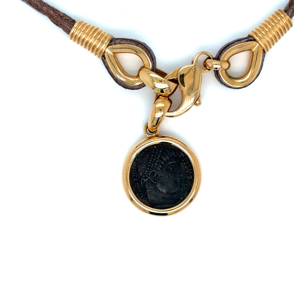 Bulgari Monete Imperial Roman Bronze Coin Leather & Yellow Gold Pendant Necklace