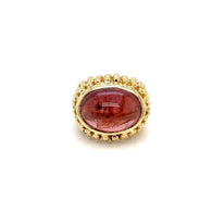 1980s Italian 18k Gold Cabochon Tourmaline Bombe Ring with Perlee Beaded Setting