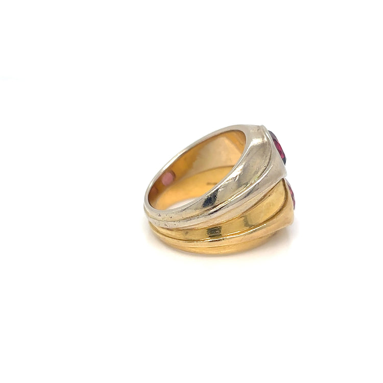 Bulgari 1980s Double Band Ring two color Gold with Rubellite and Tourmaline