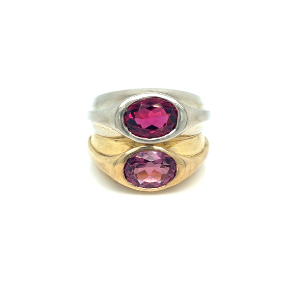 Bulgari 1980s Double Band Ring two color Gold with Rubellite and Tourmaline