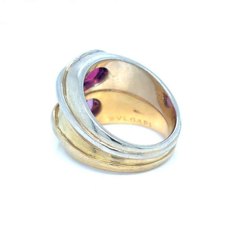 Bulgari 1980s Double Band Ring two color Gold with Rubellite and Tourmaline
