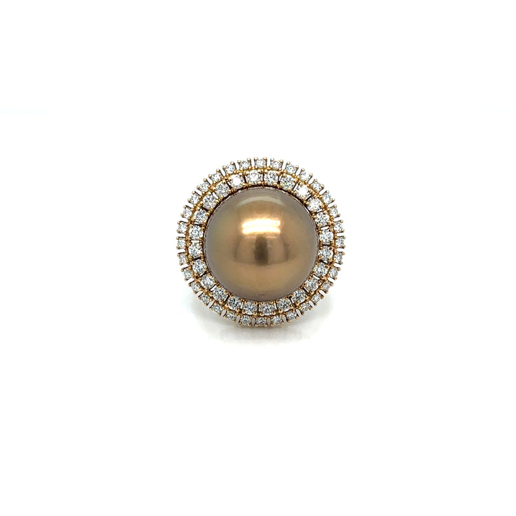 1980s Golden Pearl Diamond Cocktail Ring 18k Gold