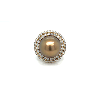 1980s Golden Pearl Diamond Cocktail Ring 18k Gold