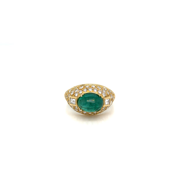 Italian Cabochon Emerald and Diamond Ring in 18K Yellow Gold trombino