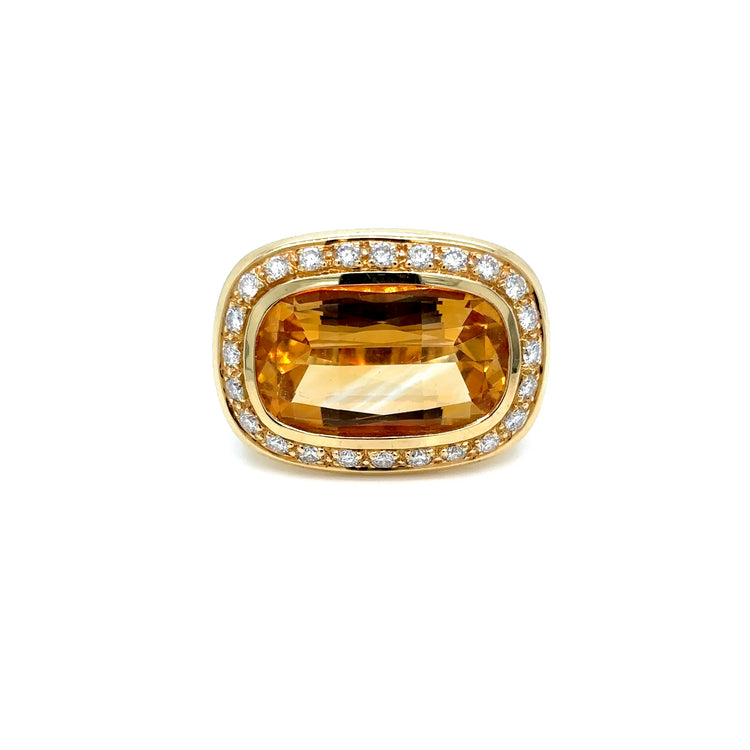 Impressive 20 Carat Natural Citrine and Diamond 18k Yellow Gold Cocktail Ring