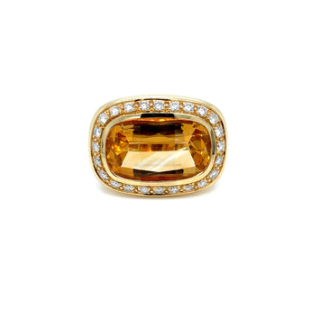 Impressive 20 Carat Natural Citrine and Diamond 18k Yellow Gold Cocktail Ring
