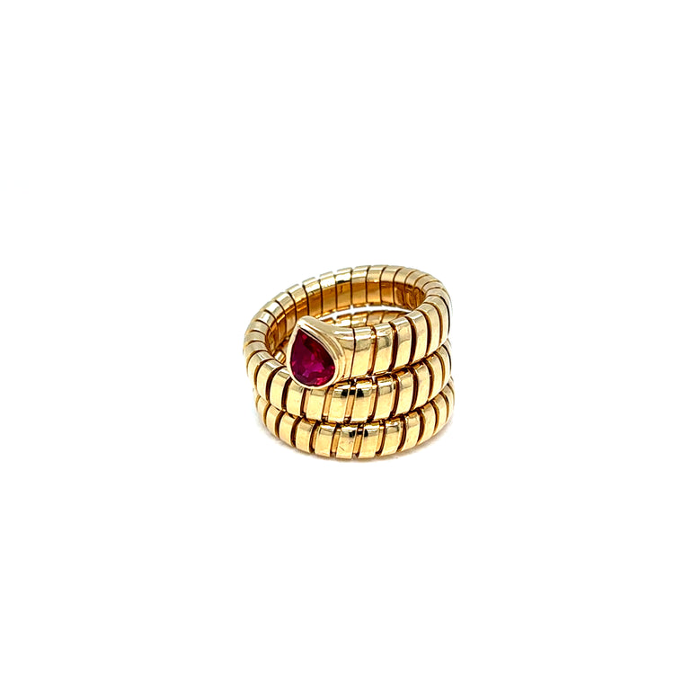 Bulgari Vintage Serpenti Tubogas Three-Row Ruby Ring in 18k Yellow Gold