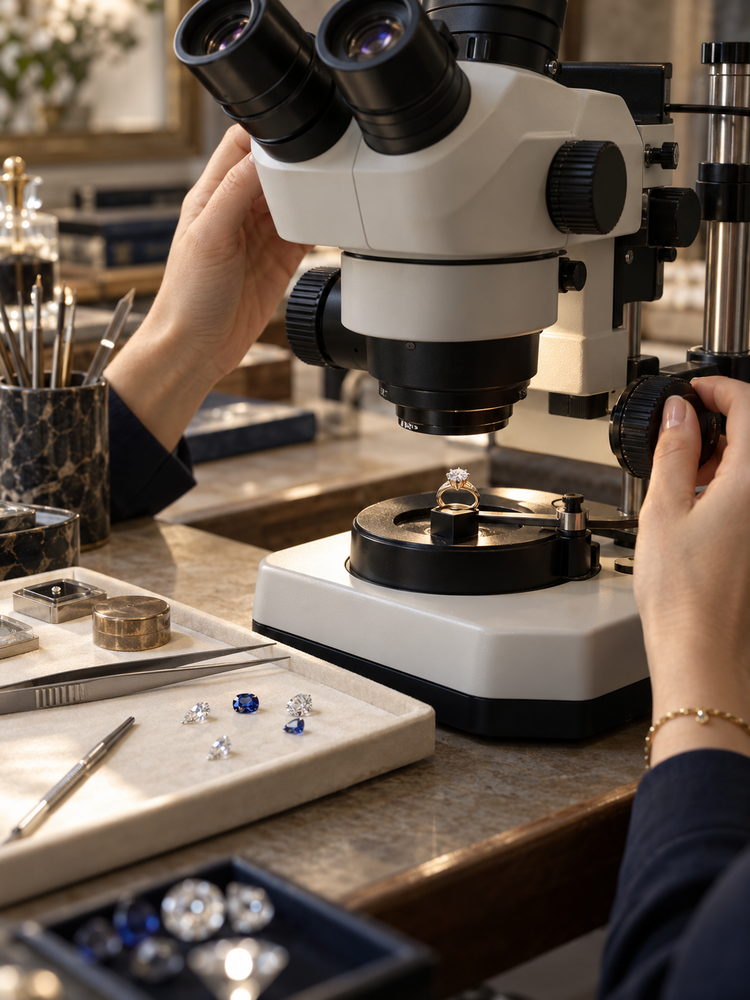 Illustrative gemological laboratory scene with microscope and gemstones