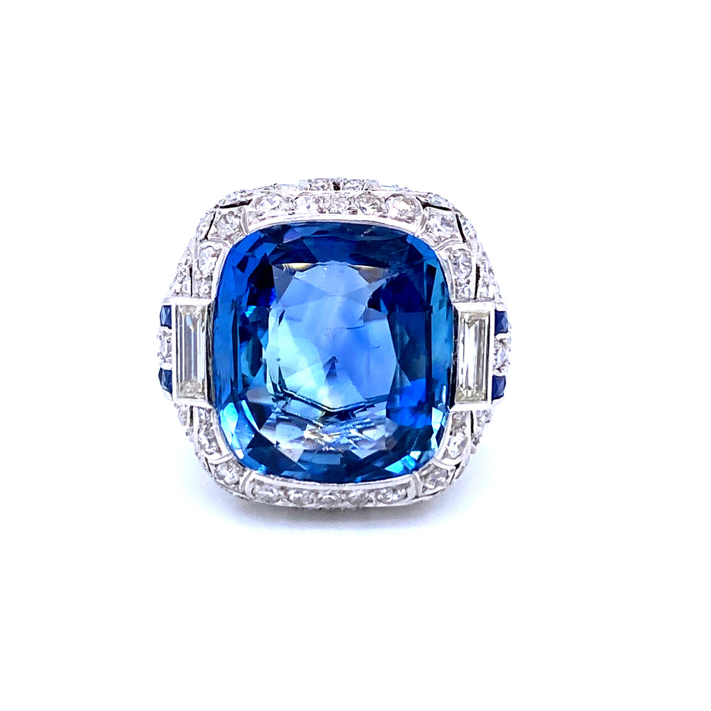 Ssef/Gubelin Certified 17 Carat Sapphire Art Deco Diamond Platinum Ring