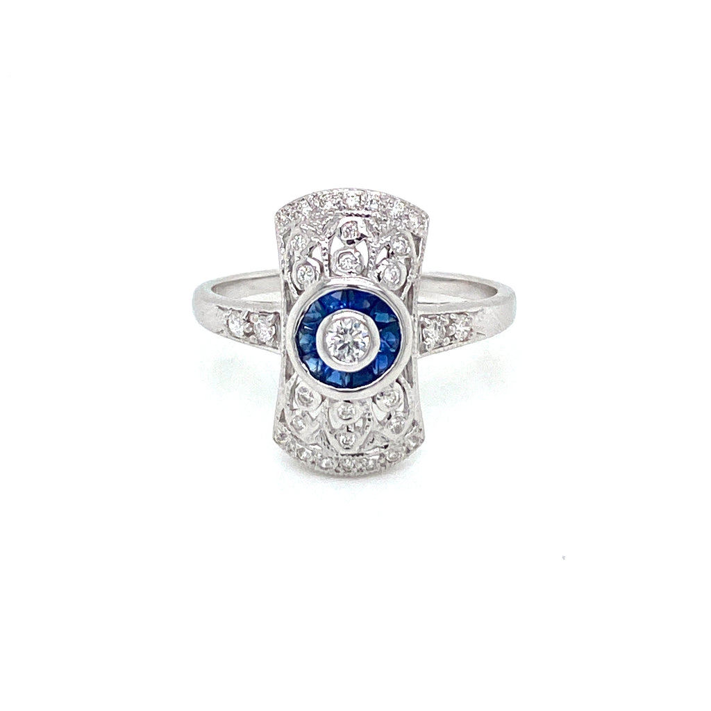 Art Deco Style Sapphire Diamond Engagement Ring Estate Fine Jewelry