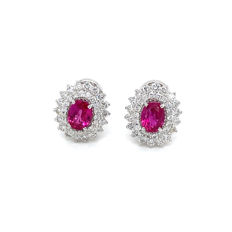 Vintage 2 Carat Ruby Diamond Gold Cluster Stud Earrings