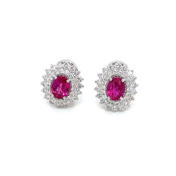 Vintage 2 Carat Ruby Diamond Gold Cluster Stud Earrings