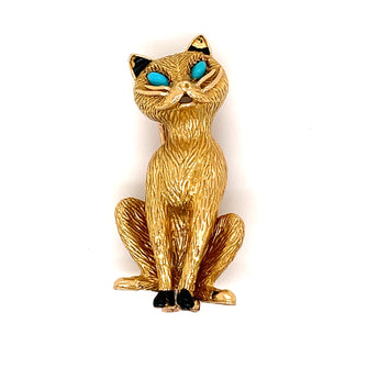Vintage Cartier Iconic Yellow Gold and Turquoise Set Cat Clip Brooch